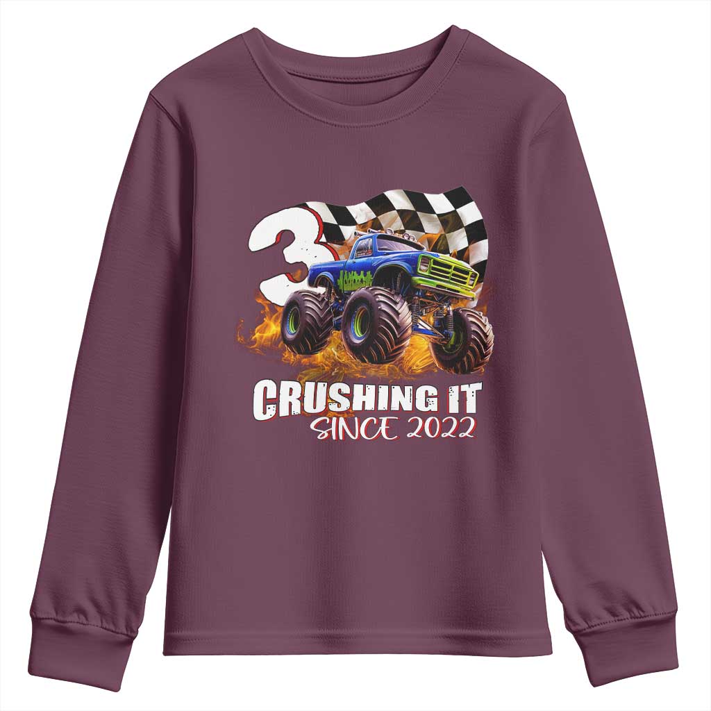 Monster Truck Birthday Youth Sweatshirt Happy 3rd Bday Party 3 Years Old Boy TS02 Maroon Print Your Wear