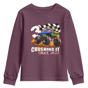 Monster Truck Birthday Youth Sweatshirt Happy 3rd Bday Party 3 Years Old Boy TS02 Maroon Print Your Wear