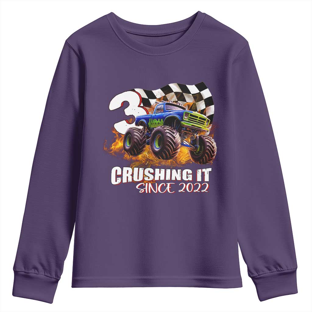 Monster Truck Birthday Youth Sweatshirt Happy 3rd Bday Party 3 Years Old Boy TS02 Purple Print Your Wear