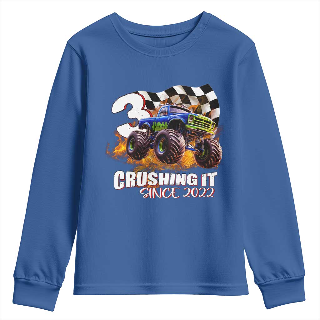 Monster Truck Birthday Youth Sweatshirt Happy 3rd Bday Party 3 Years Old Boy TS02 Royal Blue Print Your Wear