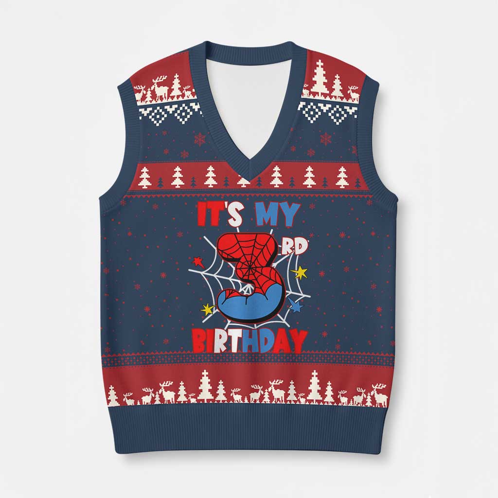 Spider Birthday V-Neck Knit Sweater Vest It's My 3rd Bday Party 3 Years Old Boy TS02 Navy Red Print Your Wear