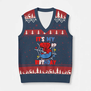 Spider Birthday V-Neck Knit Sweater Vest It's My 3rd Bday Party 3 Years Old Boy TS02 Navy Red Print Your Wear
