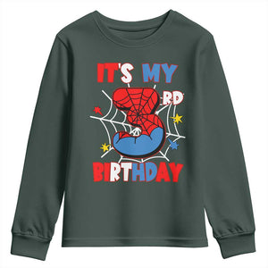 Spider Birthday Youth Sweatshirt It's My 3rd Bday Party 3 Years Old Boy TS02 Dark Forest Green Print Your Wear