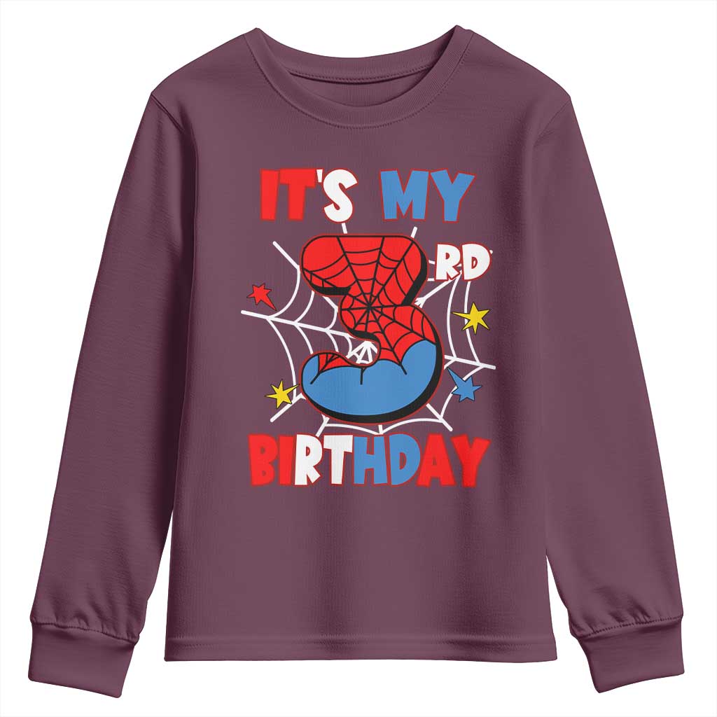 Spider Birthday Youth Sweatshirt It's My 3rd Bday Party 3 Years Old Boy TS02 Maroon Print Your Wear