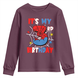 Spider Birthday Youth Sweatshirt It's My 3rd Bday Party 3 Years Old Boy TS02 Maroon Print Your Wear