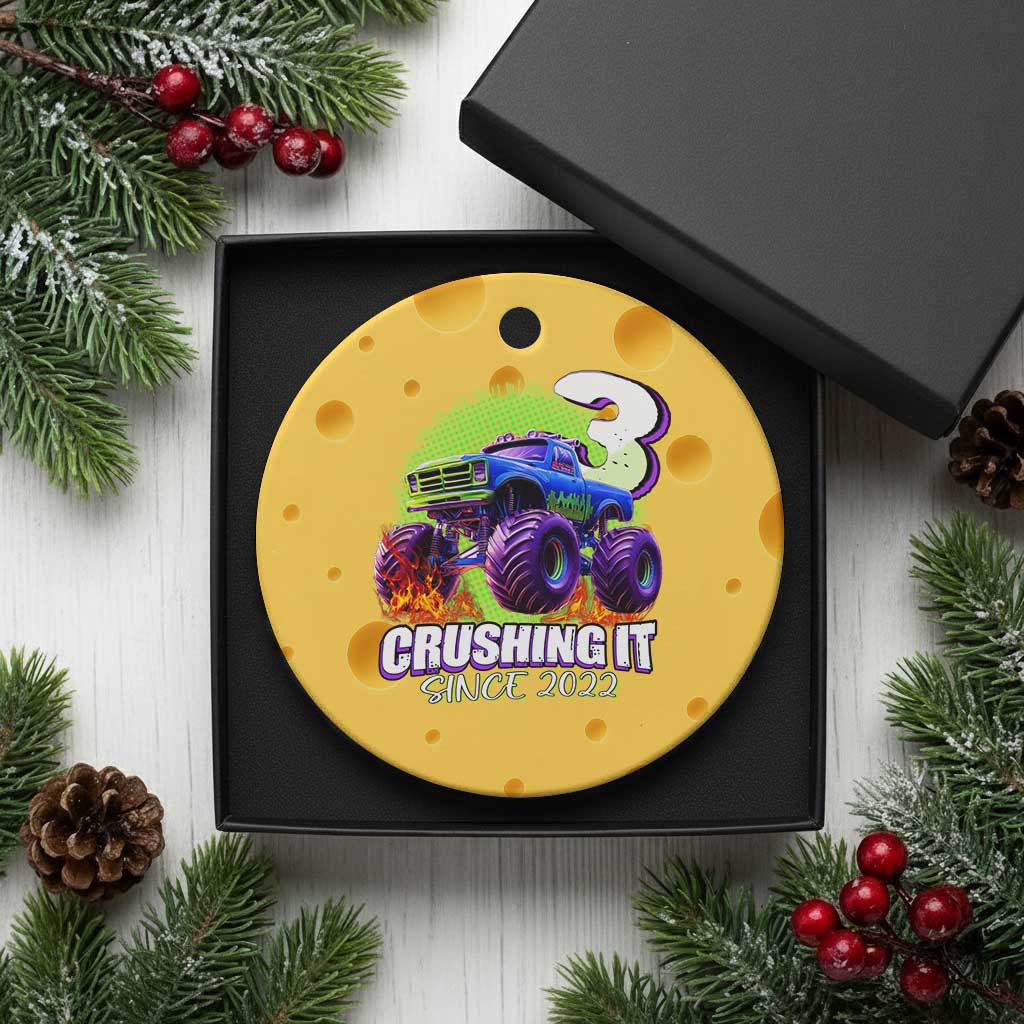 Monster Truck Birthday Ceramic Ornament 3 Years Old Boys Happy 3rd Bday Party TS02 1pc Yellow Cheese Print Your Wear