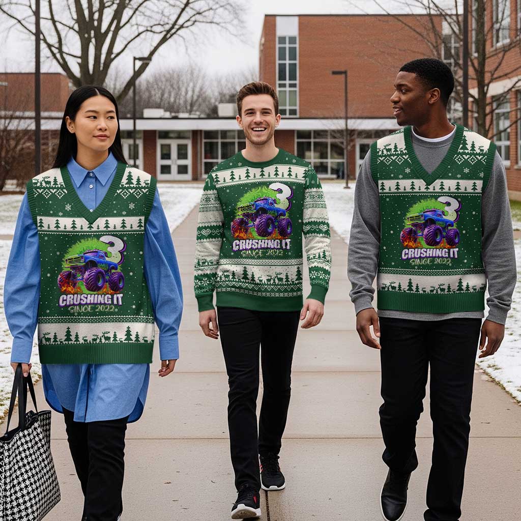 Monster Truck Birthday V-Neck Knit Sweater Vest 3 Years Old Boys Happy 3rd Bday Party TS02 Forest Green Beige Print Your Wear