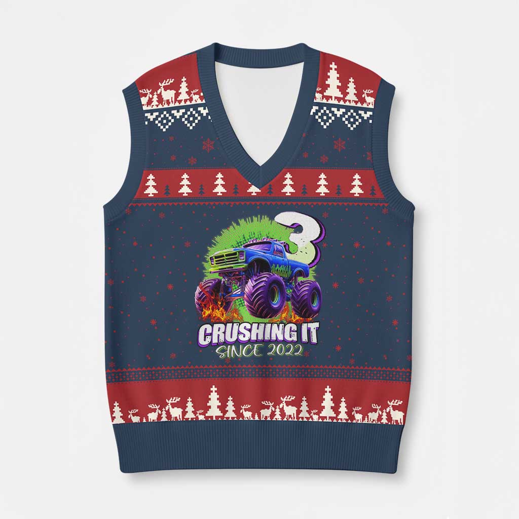 Monster Truck Birthday V-Neck Knit Sweater Vest 3 Years Old Boys Happy 3rd Bday Party TS02 Navy Red Print Your Wear