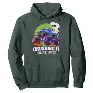 Monster Truck Birthday Hoodie 3 Years Old Boys Happy 3rd Bday Party TS02 Dark Forest Green Print Your Wear