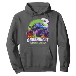Monster Truck Birthday Hoodie 3 Years Old Boys Happy 3rd Bday Party TS02 Dark Heather Print Your Wear