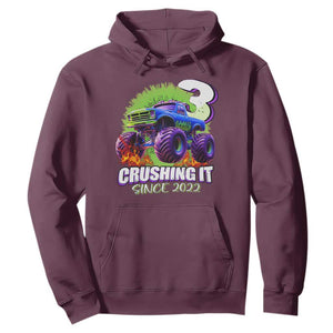 Monster Truck Birthday Hoodie 3 Years Old Boys Happy 3rd Bday Party TS02 Maroon Print Your Wear