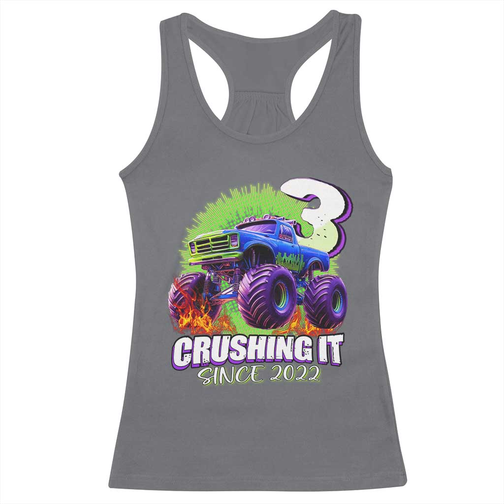 Monster Truck Birthday Racerback Tank Top 3 Years Old Boys Happy 3rd Bday Party TS02 Charcoal Print Your Wear