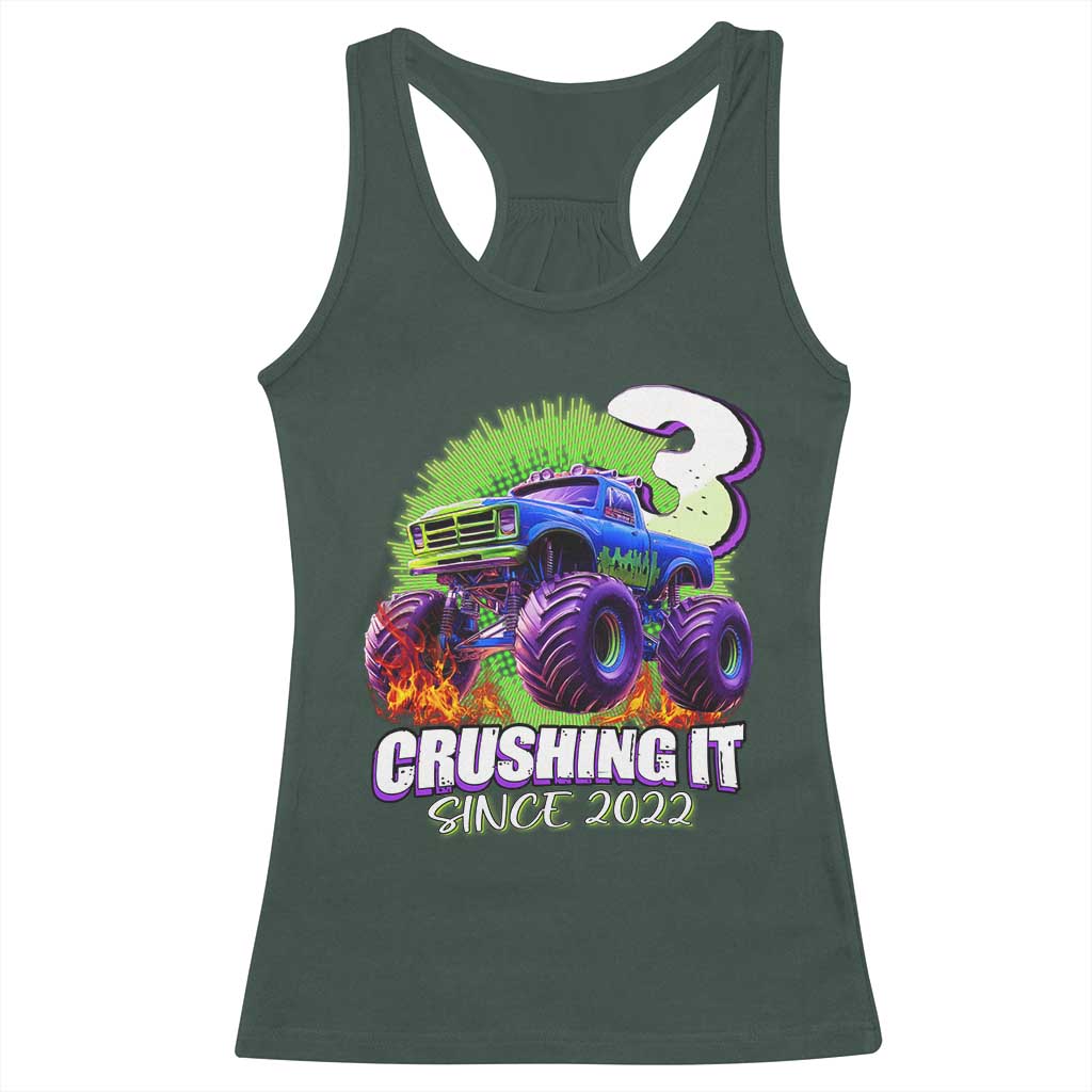 Monster Truck Birthday Racerback Tank Top 3 Years Old Boys Happy 3rd Bday Party TS02 Dark Forest Green Print Your Wear