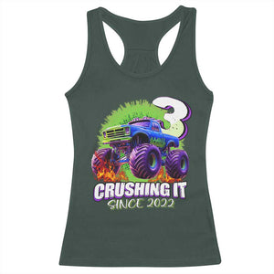 Monster Truck Birthday Racerback Tank Top 3 Years Old Boys Happy 3rd Bday Party TS02 Dark Forest Green Print Your Wear