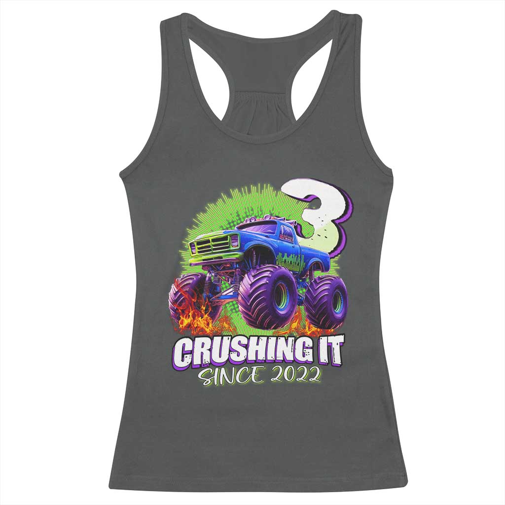 Monster Truck Birthday Racerback Tank Top 3 Years Old Boys Happy 3rd Bday Party TS02 Dark Heather Print Your Wear