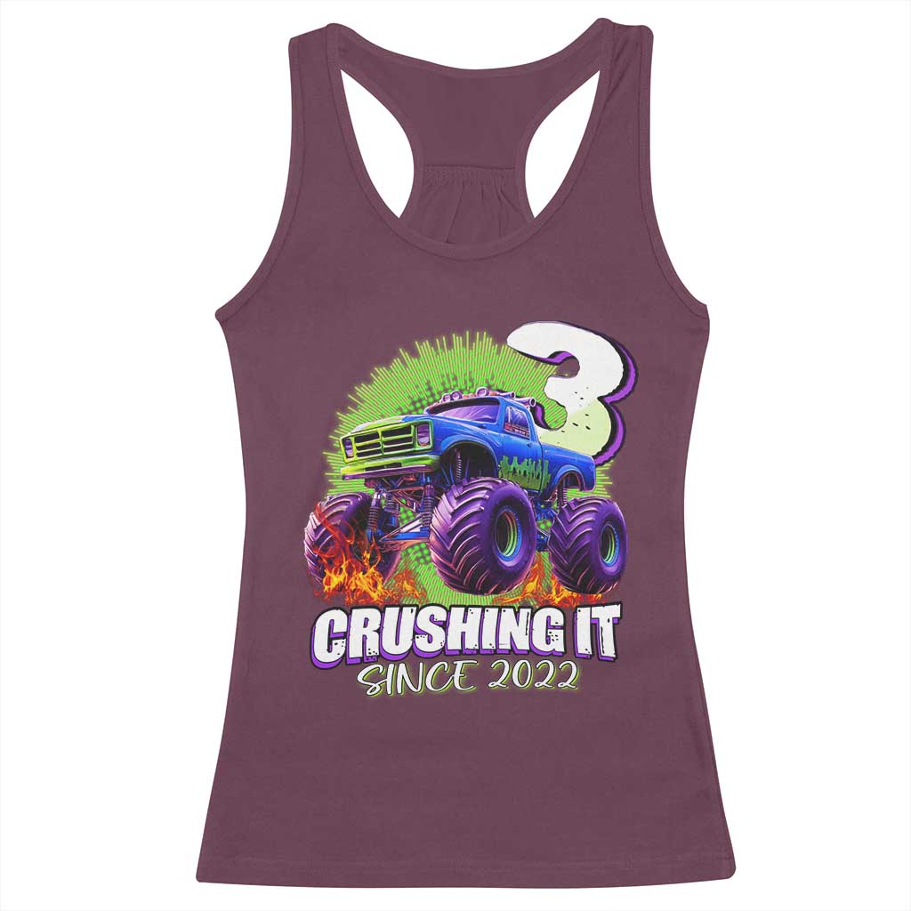 Monster Truck Birthday Racerback Tank Top 3 Years Old Boys Happy 3rd Bday Party TS02 Maroon Print Your Wear