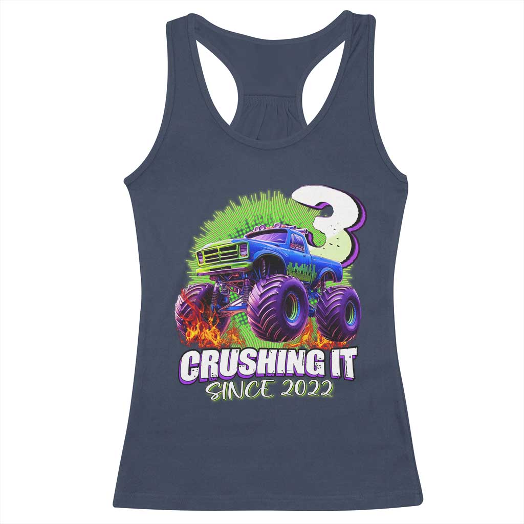 Monster Truck Birthday Racerback Tank Top 3 Years Old Boys Happy 3rd Bday Party TS02 Navy Print Your Wear