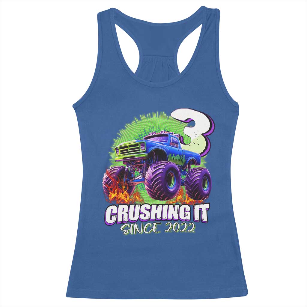 Monster Truck Birthday Racerback Tank Top 3 Years Old Boys Happy 3rd Bday Party TS02 Royal Blue Print Your Wear
