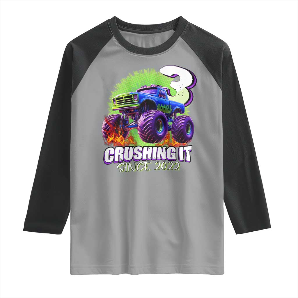 Monster Truck Birthday Raglan Shirt 3 Years Old Boys Happy 3rd Bday Party TS02 Sport Gray Black Print Your Wear