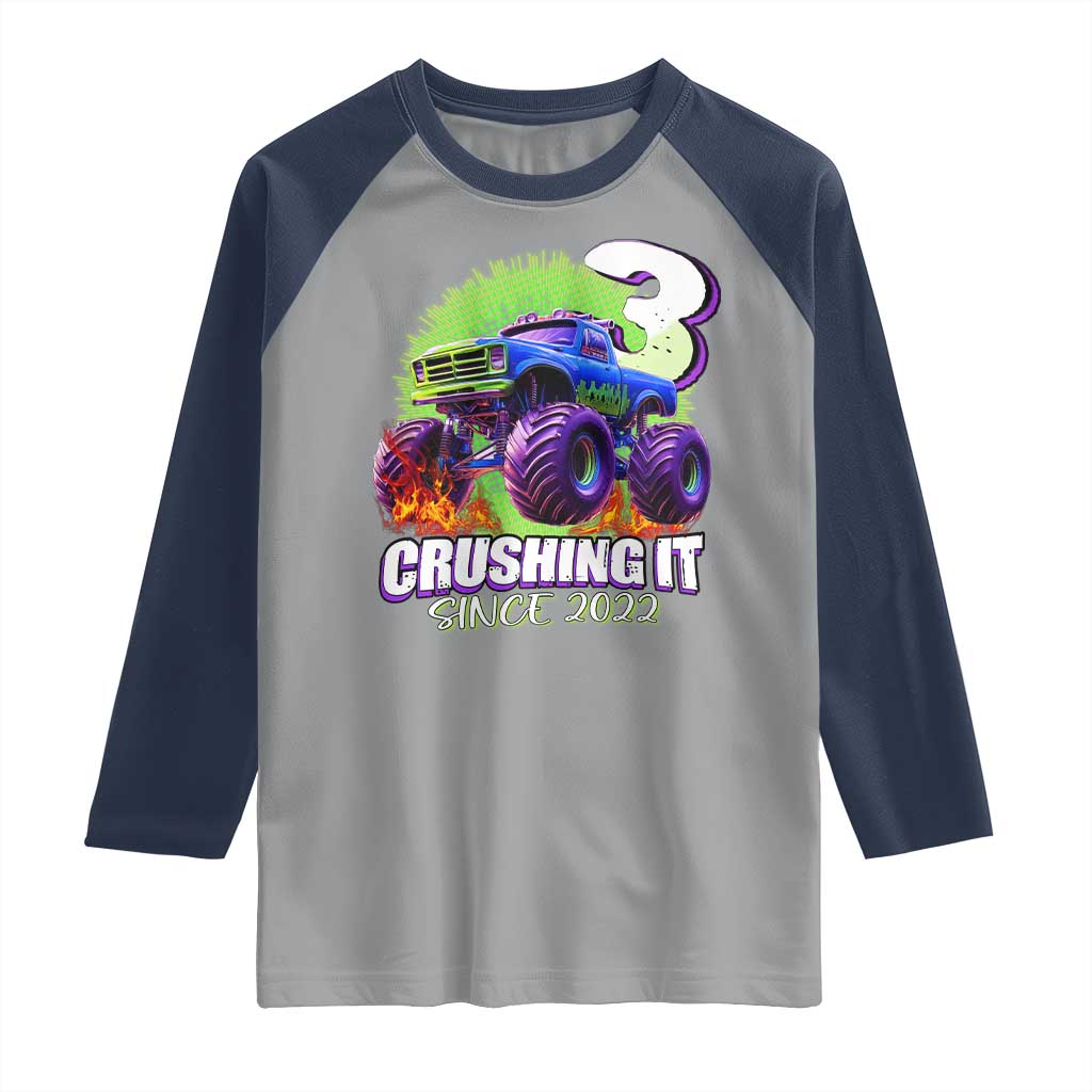 Monster Truck Birthday Raglan Shirt 3 Years Old Boys Happy 3rd Bday Party TS02 Sport Gray Navy Print Your Wear