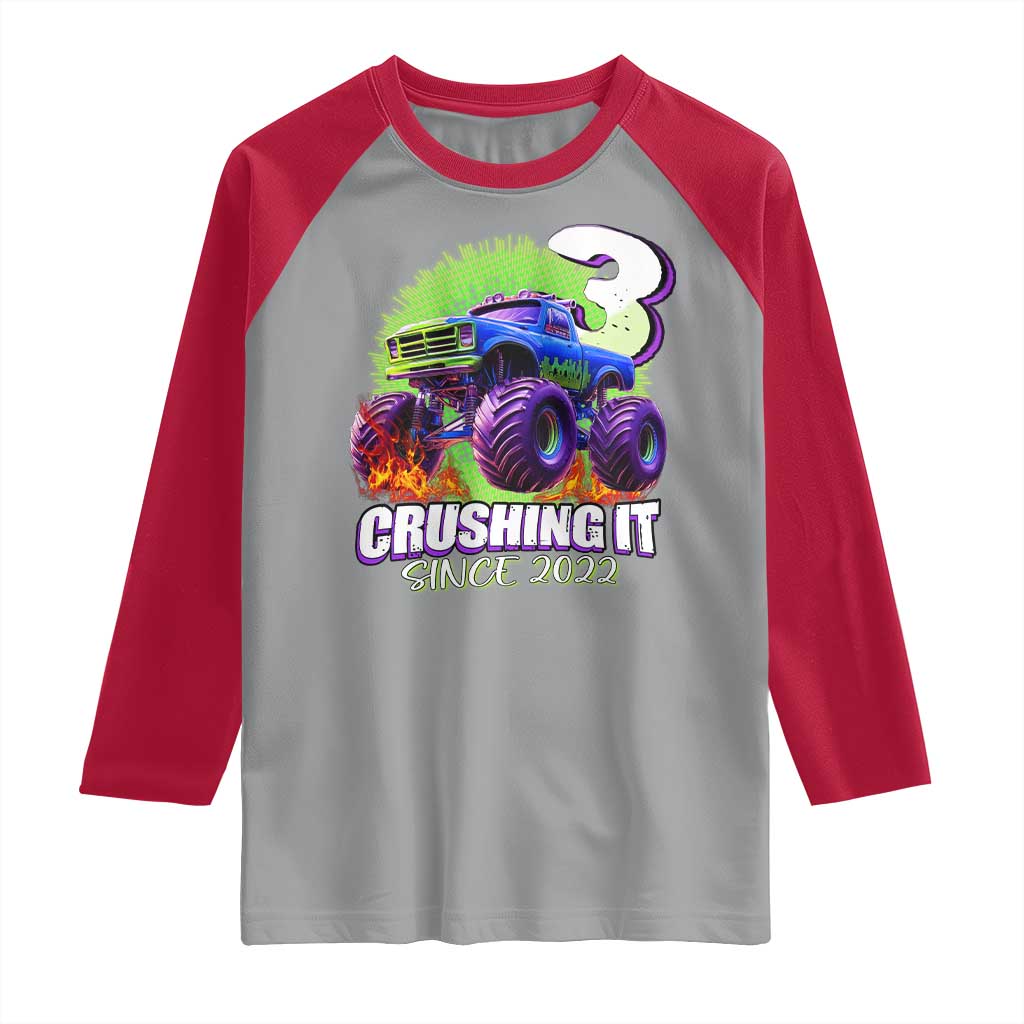 Monster Truck Birthday Raglan Shirt 3 Years Old Boys Happy 3rd Bday Party TS02 Sport Gray Red Print Your Wear