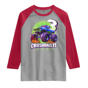 Monster Truck Birthday Raglan Shirt 3 Years Old Boys Happy 3rd Bday Party TS02 Sport Gray Red Print Your Wear
