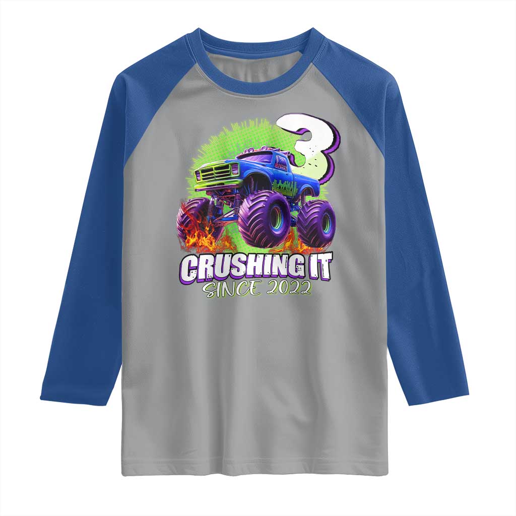 Monster Truck Birthday Raglan Shirt 3 Years Old Boys Happy 3rd Bday Party TS02 Sport Gray Royal Print Your Wear