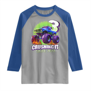 Monster Truck Birthday Raglan Shirt 3 Years Old Boys Happy 3rd Bday Party TS02 Sport Gray Royal Print Your Wear