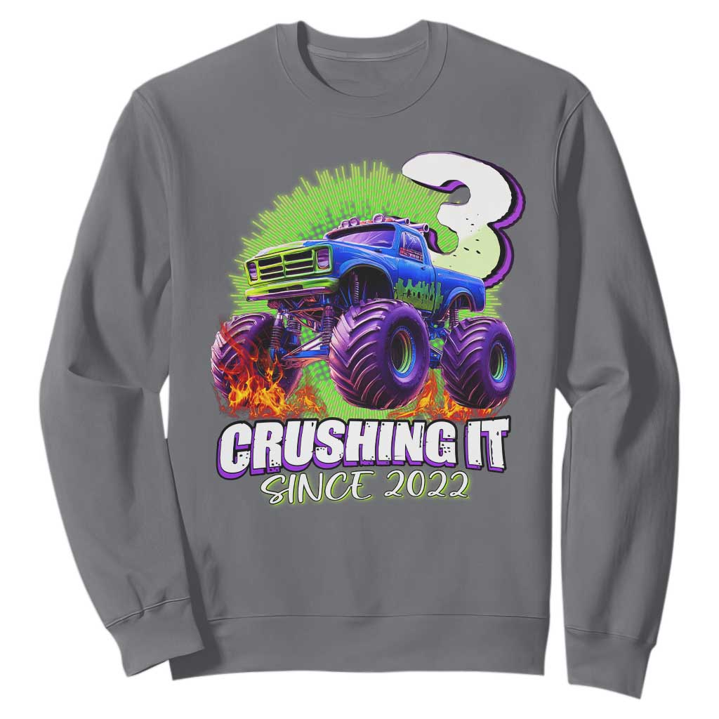 Monster Truck Birthday Sweatshirt 3 Years Old Boys Happy 3rd Bday Party TS02 Charcoal Print Your Wear