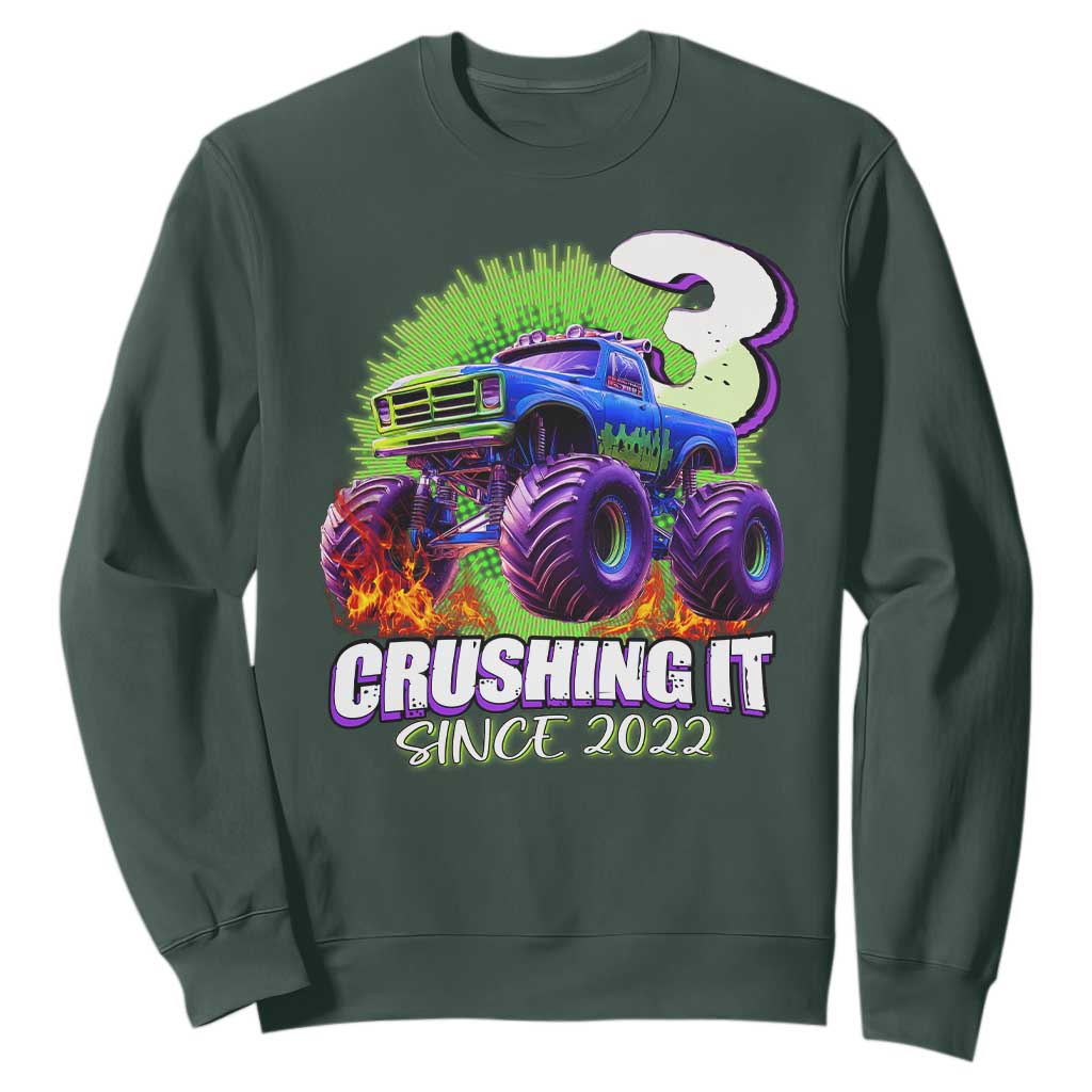 Monster Truck Birthday Sweatshirt 3 Years Old Boys Happy 3rd Bday Party TS02 Dark Forest Green Print Your Wear