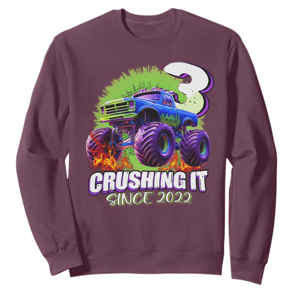Monster Truck Birthday Sweatshirt 3 Years Old Boys Happy 3rd Bday Party TS02 Maroon Print Your Wear