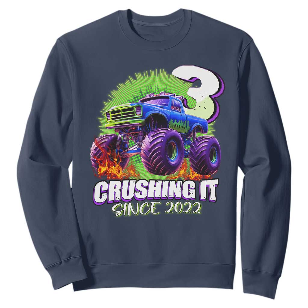 Monster Truck Birthday Sweatshirt 3 Years Old Boys Happy 3rd Bday Party TS02 Navy Print Your Wear