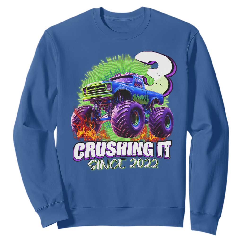 Monster Truck Birthday Sweatshirt 3 Years Old Boys Happy 3rd Bday Party TS02 Royal Blue Print Your Wear
