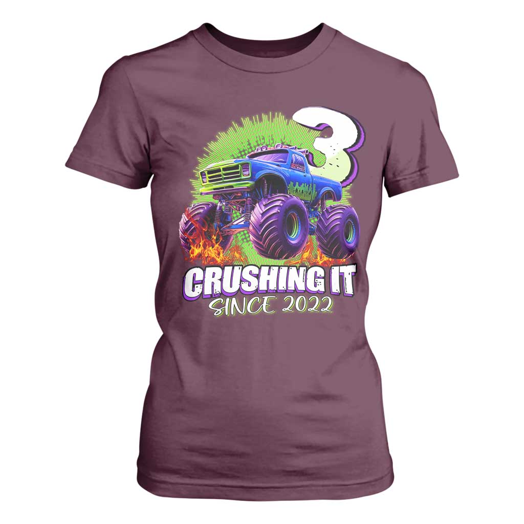 Monster Truck Birthday T Shirt For Women 3 Years Old Boys Happy 3rd Bday Party TS02 Maroon Print Your Wear