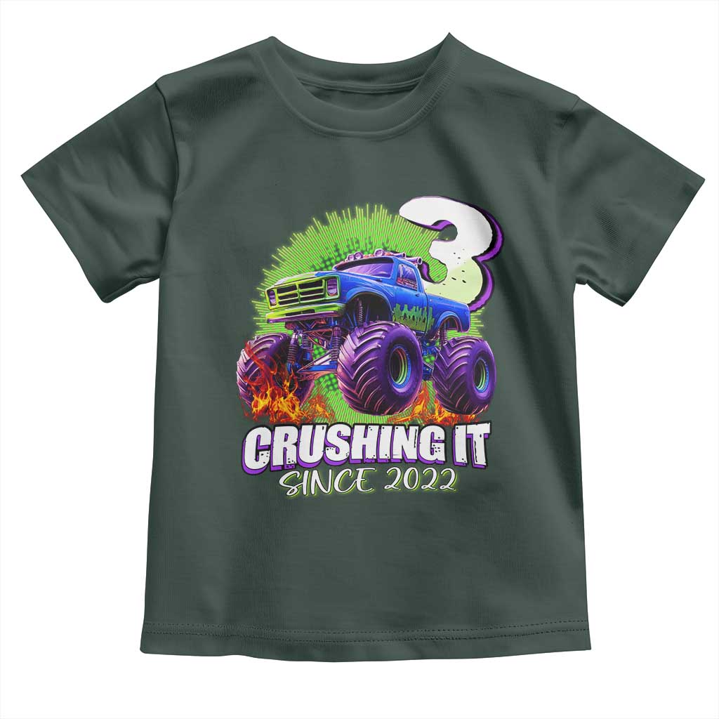 Monster Truck Birthday Toddler T Shirt 3 Years Old Boys Happy 3rd Bday Party TS02 Dark Forest Green Print Your Wear