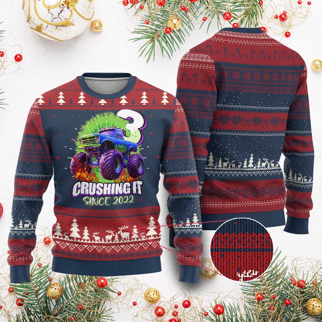 Monster Truck Birthday Knit Sweatshirt 3 Years Old Boys Happy 3rd Bday Party TS02 Burgundy Print Your Wear