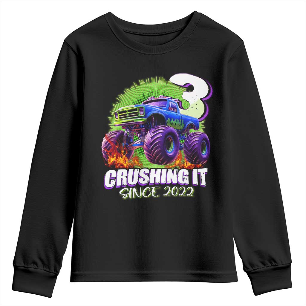 Monster Truck Birthday Youth Sweatshirt 3 Years Old Boys Happy 3rd Bday Party TS02 Black Print Your Wear