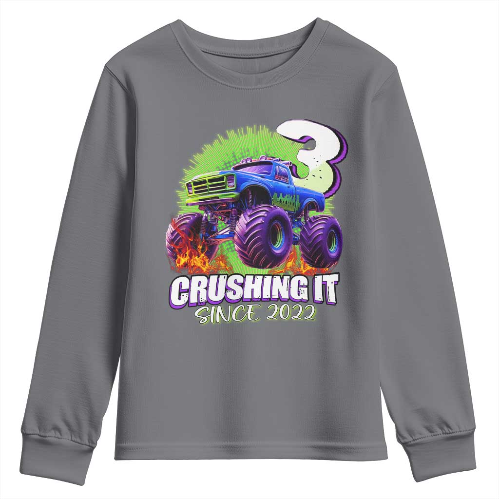 Monster Truck Birthday Youth Sweatshirt 3 Years Old Boys Happy 3rd Bday Party TS02 Charcoal Print Your Wear