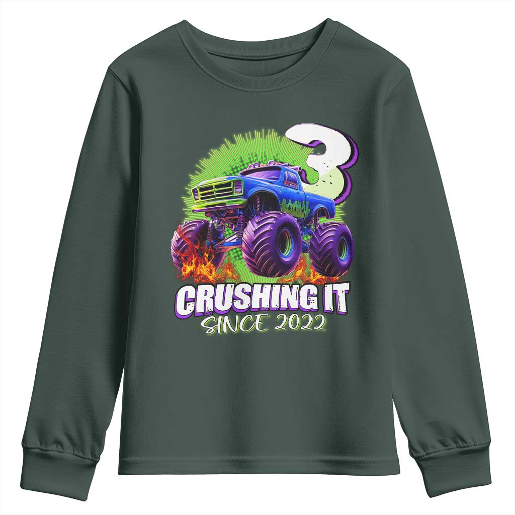 Monster Truck Birthday Youth Sweatshirt 3 Years Old Boys Happy 3rd Bday Party TS02 Dark Forest Green Print Your Wear