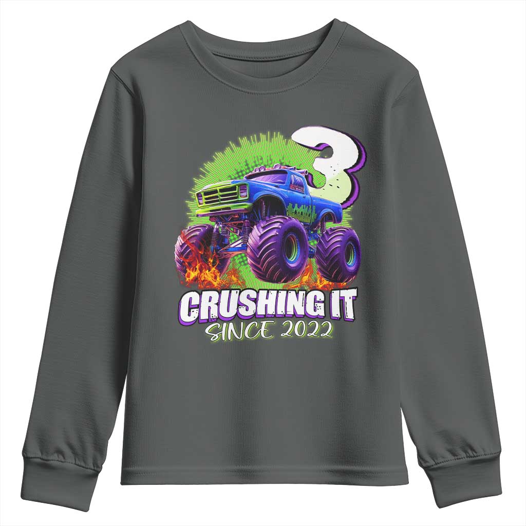 Monster Truck Birthday Youth Sweatshirt 3 Years Old Boys Happy 3rd Bday Party TS02 Dark Heather Print Your Wear