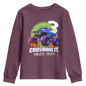 Monster Truck Birthday Youth Sweatshirt 3 Years Old Boys Happy 3rd Bday Party TS02 Maroon Print Your Wear