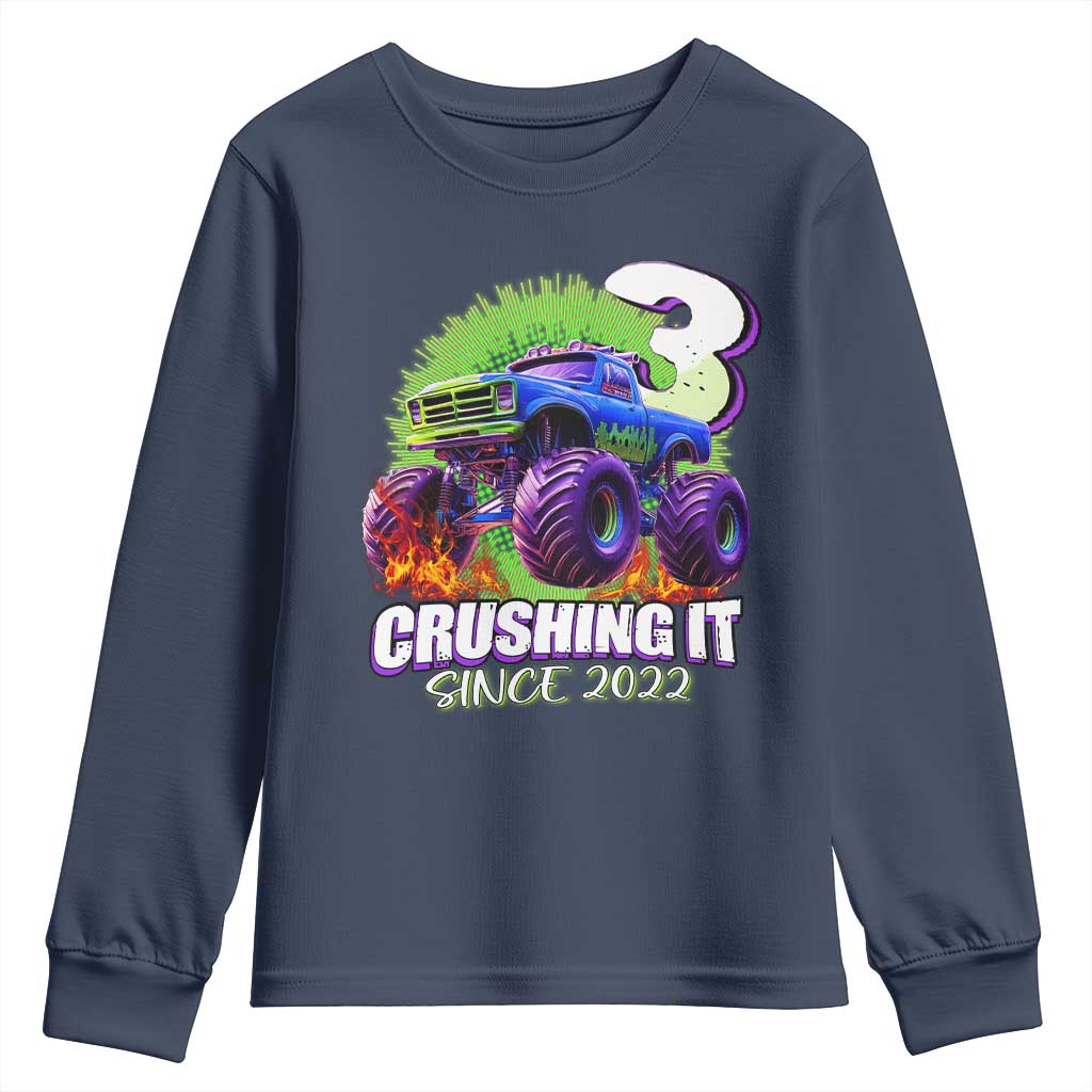 Monster Truck Birthday Youth Sweatshirt 3 Years Old Boys Happy 3rd Bday Party TS02 Navy Print Your Wear