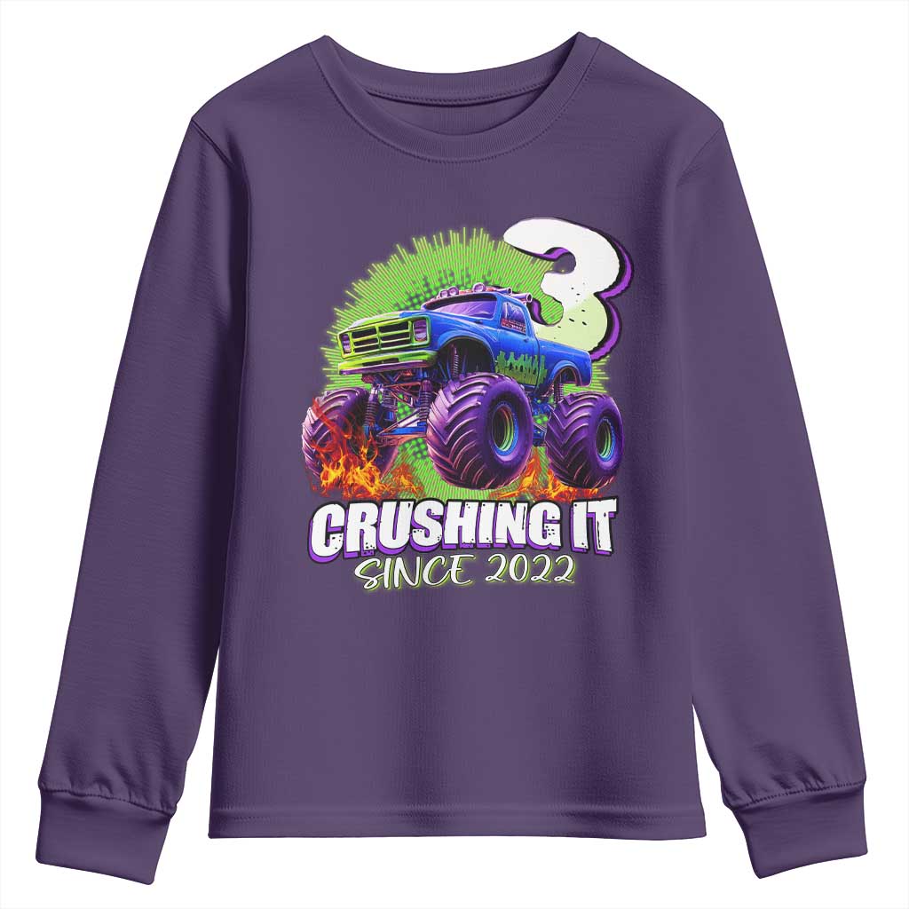 Monster Truck Birthday Youth Sweatshirt 3 Years Old Boys Happy 3rd Bday Party TS02 Purple Print Your Wear