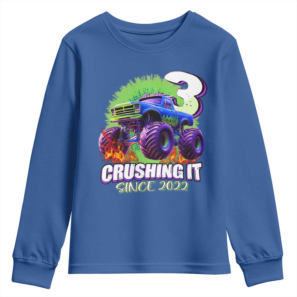 Monster Truck Birthday Youth Sweatshirt 3 Years Old Boys Happy 3rd Bday Party TS02 Royal Blue Print Your Wear