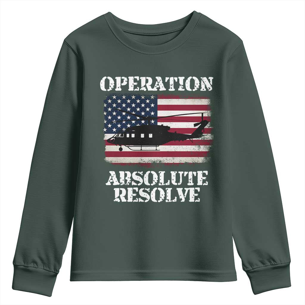 Operation Absolute Resolve Youth Sweatshirt US Military Extraction Mission American Flag TS02 Dark Forest Green Print Your Wear
