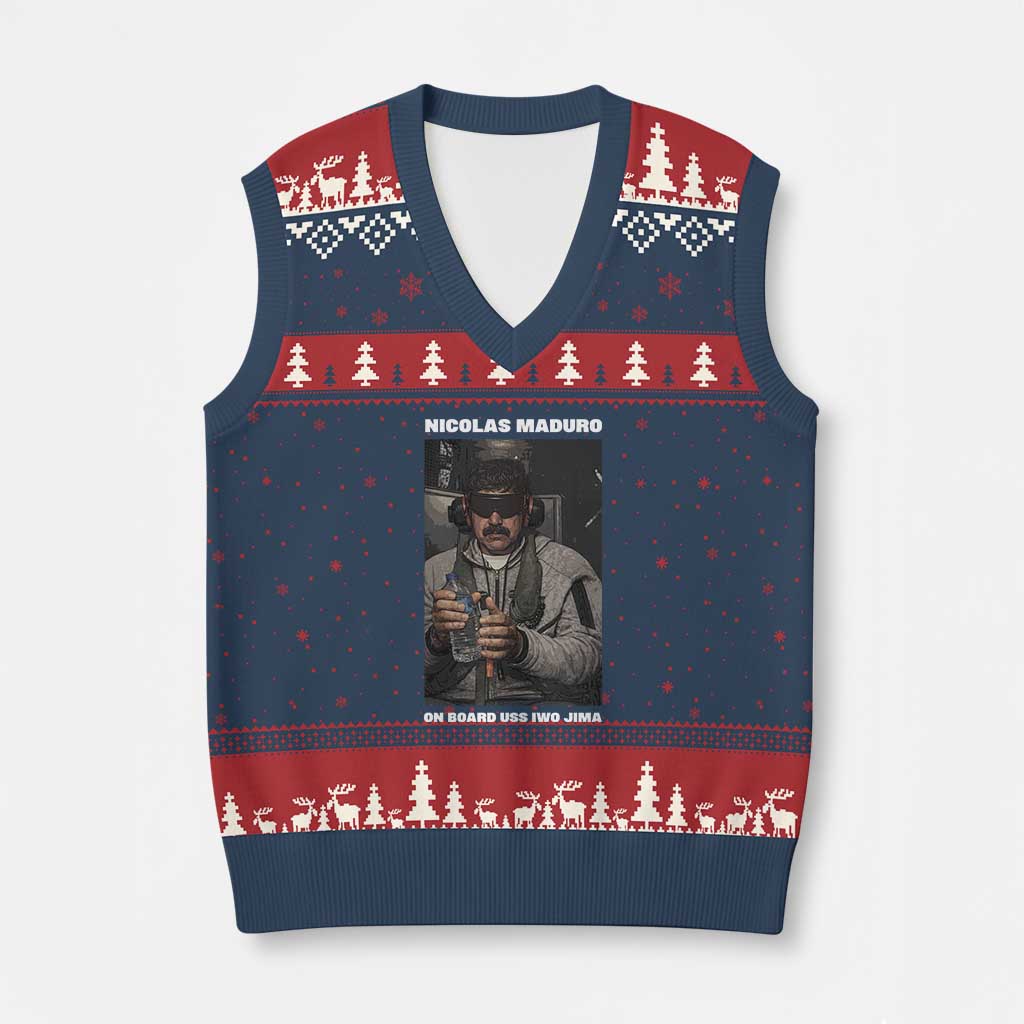 Maduro Captured Meme V-Neck Knit Sweater Vest On Board USS Iwo Jima Political Satire TS02 Navy Red Print Your Wear