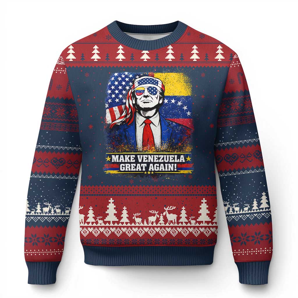 Make Venezuela Great Again Ugly Christmas Sweater Patriotic Trump American Venezuelan Flags TS02 Navy Red Print Your Wear