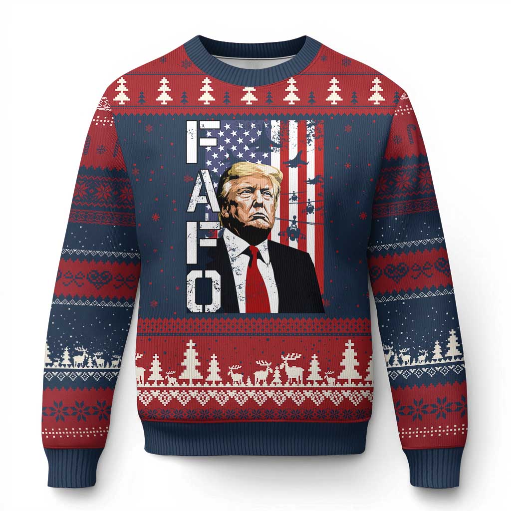 Patriotic Trump American Flag and Fighter Jet Graphic Ugly Christmas Sweater TS02 Navy Red Print Your Wear