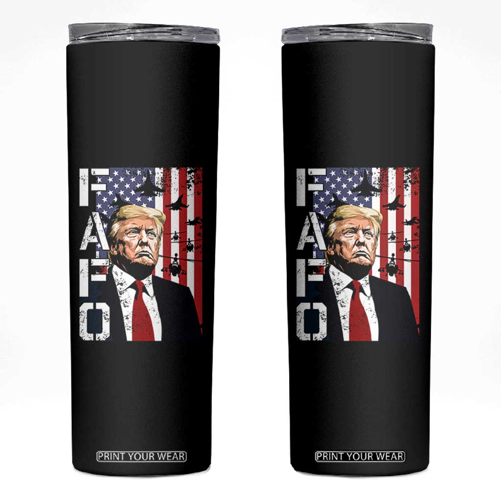 Patriotic Trump American Flag and Fighter Jet Graphic Skinny Tumbler TS02 Black Print Your Wear