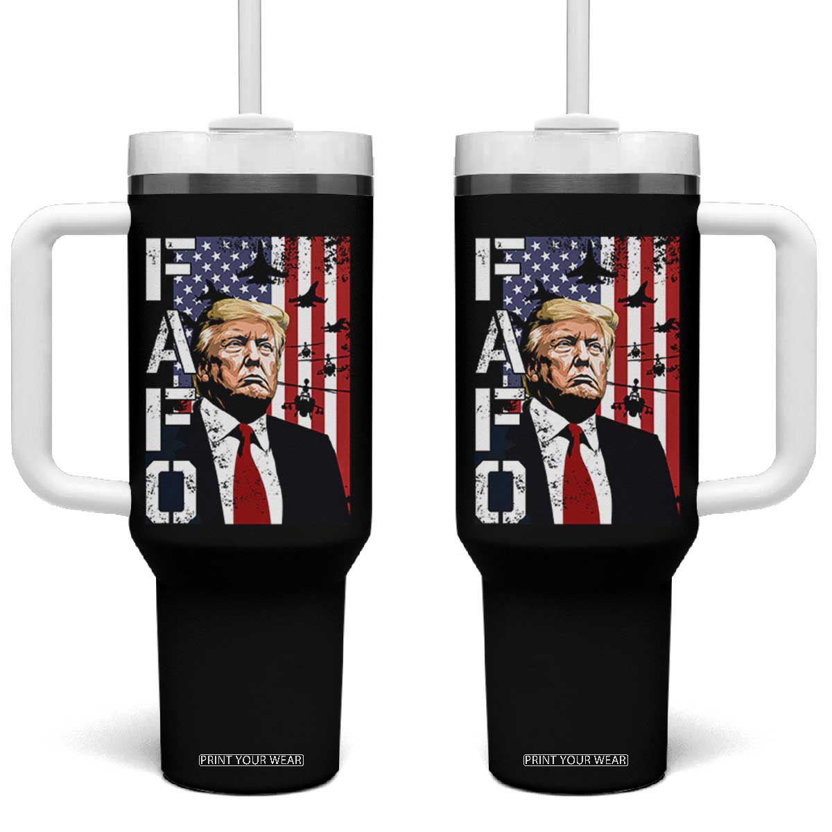 Patriotic Trump American Flag and Fighter Jet Graphic Tumbler With Handle TS02 One Size: 40 oz Black Print Your Wear